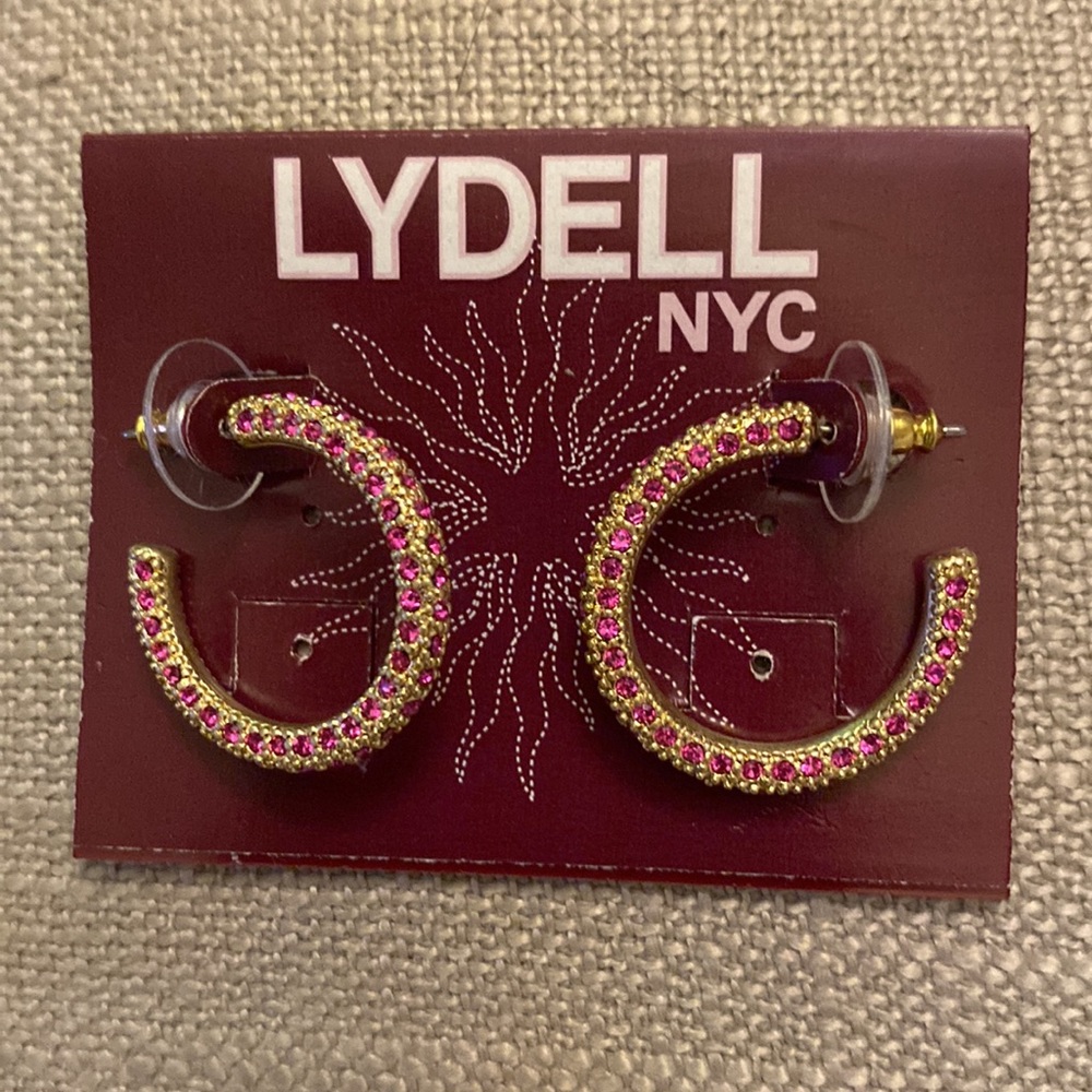 Lydell NYC pink rhinestones gold hoops